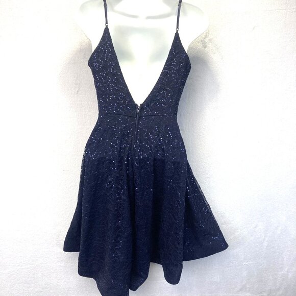 Vintage Y2K B. Smart Fit & Flare Lace Sequin Dress Womens 7 Navy Blue Cocktail - Picture 2 of 16